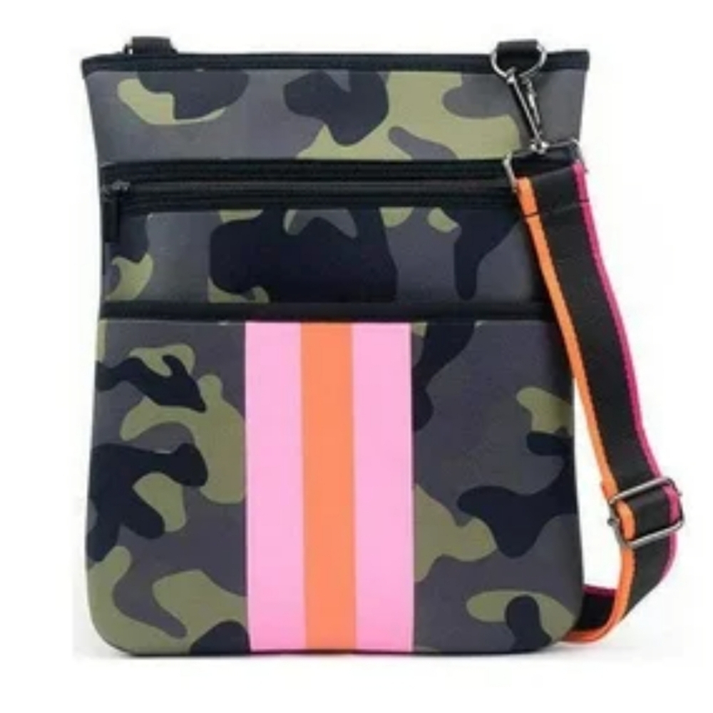 Parker + Hyde Neoprene Camouflage Crossbody Bag with Pink and Orange Stripe